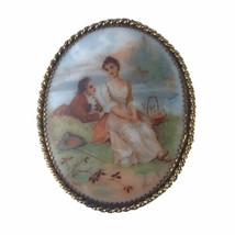 Vintage Porcelain Brooch Pin Hand Painted Courting Couple Early 20th Century 2&quot; - £22.32 GBP