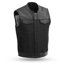 Men&#39;s Motorcycle Vest 49/51 Denim/Leather Scooter Vest by FirstMFG - £125.85 GBP