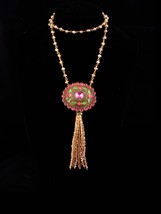 Antique Enamel Brooch / tassel necklace set / Pink green Ophelia&#39;s Garden / Goth - £197.04 GBP