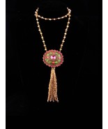 Antique Enamel Brooch / tassel necklace set / Pink green Ophelia&#39;s Garde... - $245.00