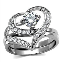 Women&#39;s Heart Shape 2PCs Stainless Steel Round Cut Cz Engagement Bridal Ring Set - £51.71 GBP