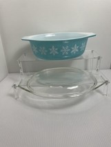 Pyrex Vintage Turquoise Snowflake Oval Casserole Dish with Lid 1 1/2 qt Very Cln - £21.90 GBP