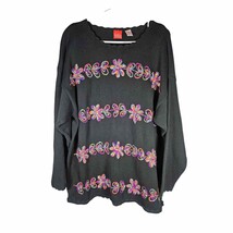 Liz &amp; Co Knit Pullover Sweater 90&#39;s Y2K Black Large Embroidered Flowers ... - $397.74 MXN