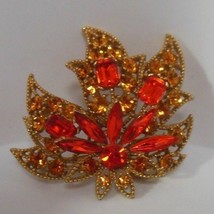 Vintage Large gold-tone Orange/Topaz Rhinestone Floral Brooch - £26.03 GBP