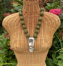 Textile art felt necklace, metal face necklace, statement necklace, moss  green  - £54.56 GBP