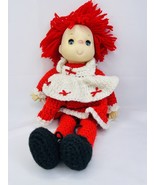Crochet Doll Ice Cream Face Red &amp; White Dress Red Yarn Hair Plush Black ... - £18.57 GBP