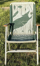 VTG Hand Woven Macramé Yarn Aluminum Folding Lawn Chair Fish Retro w/Rust &amp;Wear - £54.28 GBP