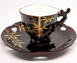 Bamboo Leaf Motif Demitasse Cup And Saucer Burgundy Enamel Glaze Gold Gi... - $22.79