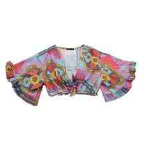 Stylewise Shirt Womens Purple Pink Blue Printed Flared Sleeve Tie On Bolero Top - $18.69