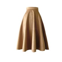 Camel Suede A-line Midi Skirt Winter Women Custom Plus Size Flare Party Skirt