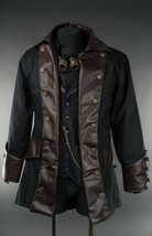 Men&#39;s Black Brown Vegan Leather Steampunk Pirate Jacket Victorian Goth Coat - £79.89 GBP