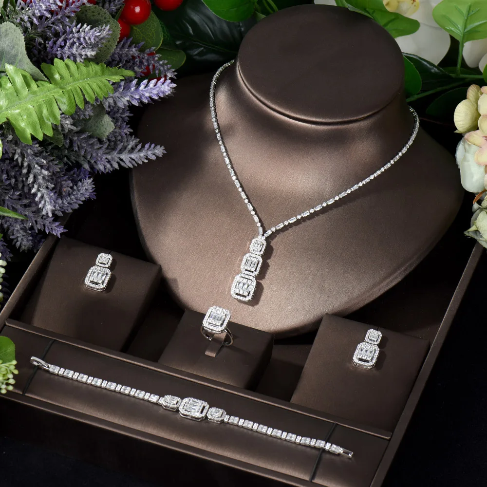 Square Design 4pcs Necklace and Earrings Sets Cubic Zirconia Women Bridal Weddin - $72.15