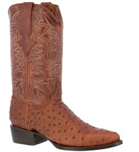 Mens Cognac Cowboy Boots Leather Print Ostrich Quill Rodeo J Toe - £87.10 GBP