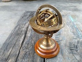 Antique Armillary Brass Desktop Globe Sphere Wooden Base Table Top Paper Weight - £37.16 GBP