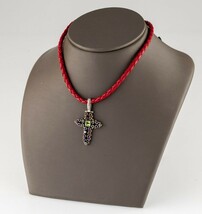 Argento Croce Ciondolo Con Lunetta Set Colorato Gemme E Intrecciato Pell... - $166.22