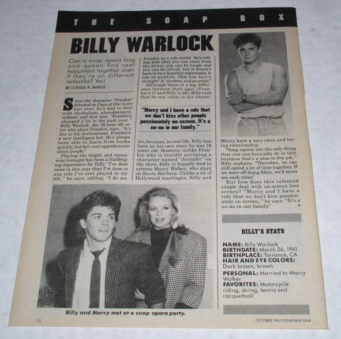 Billy Warlock Tiger Beat Star Magazine Photo Article Clipping Vintage Oc... - $11.99