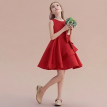 Red Satin Short Girls Evening Party Dress Cute Bowtie Flower Girl Dress Princess - £111.51 GBP