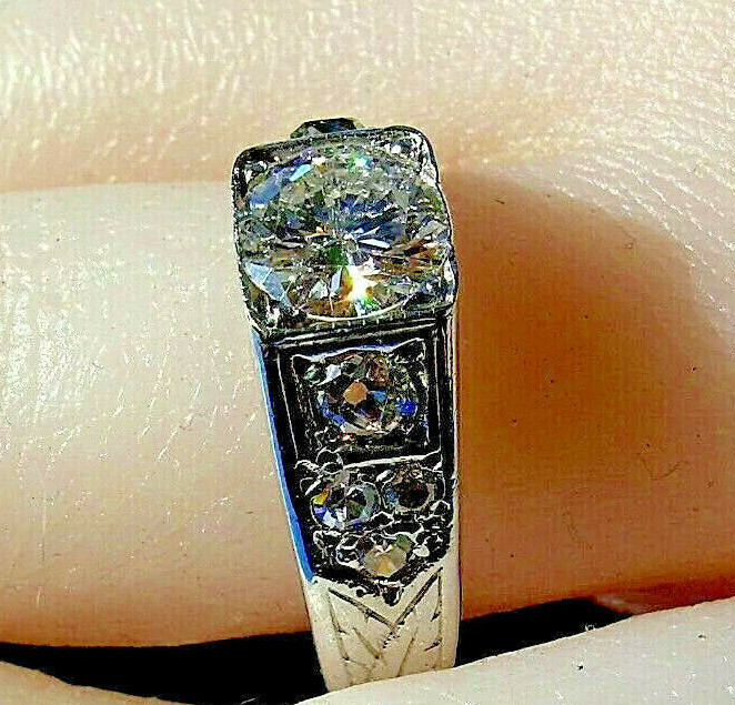 Earth mined Diamond Deco Engagement Ring Vintage Solid 14k White Gold Statement Item image 11