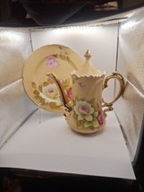 Vintage Lefton NE 1984 Coffee Pot Handpainted Pot And Plate 04158 04152 - £37.94 GBP