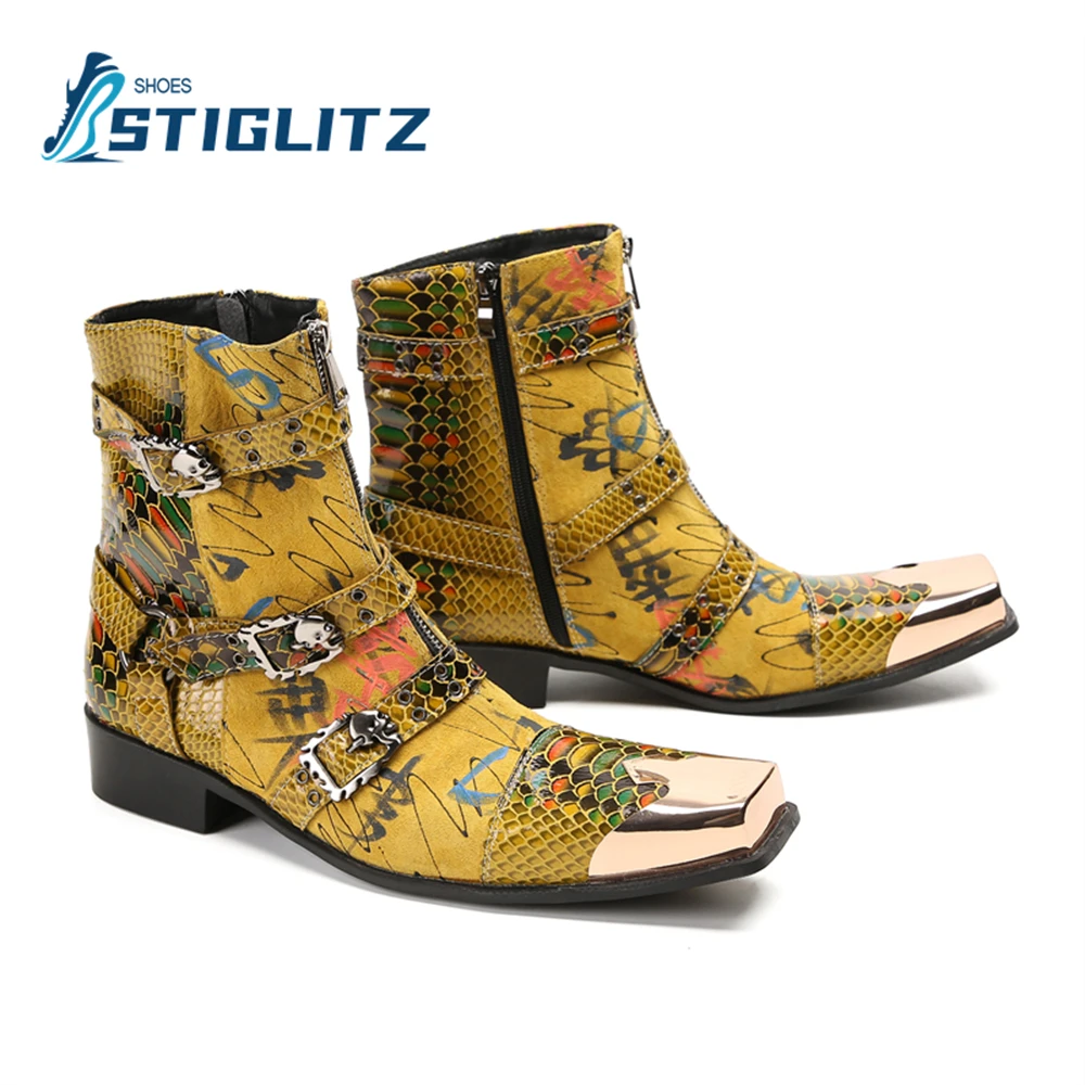 Toe chelsea ankle boots men s trendy personalized shoes graffiti print colorful genuine thumb200
