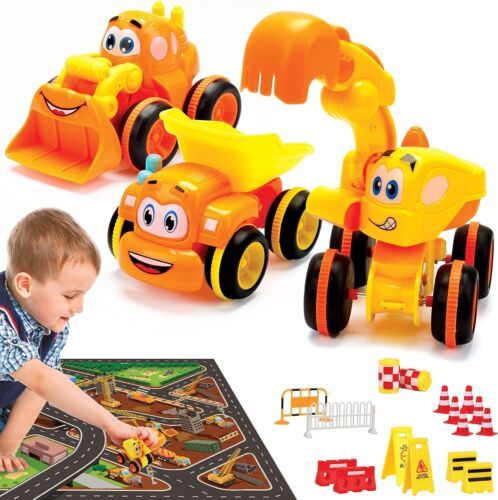 3 Friction-Powered Trucks for 3+ Year Old Boys with Playmat & Accessories