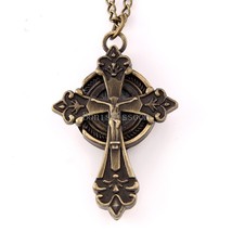 Antique Brass Tone Jesus Celtic Cross Necklace Round Pocket Watch Pendant - £7.88 GBP