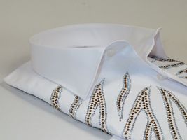 Men CEREMONIA Turkey Shirt 100% Cotton Fancy Rhine Stone #Roma 13 White Slim Fit image 3