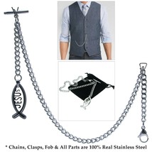  Steel Pocket Watch Chain Albert Chain Men Fob Chain T Bar Jesus Fish Fo... - £18.73 GBP