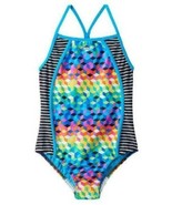 Girls Swimsuit Speedo Racerback 1 Pc Blue Multi Geo Bathing Suit $44-sz 10 - £16.35 GBP