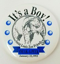 St. Louis Zoo Raja Elephant It&#39;s a Boy Sneak A Peek Button Vintage 1993 - £9.07 GBP