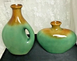 Pair of Mid Century Vases Green and Brown - £48.40 GBP