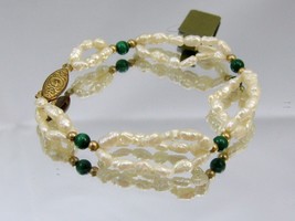 Vintage Handcraft F.W. rice pearl gemstone malachite beads bracelet bangle 8&quot; L - £11.49 GBP
