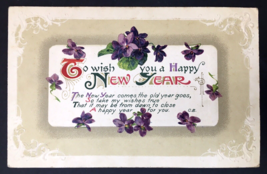To Wish you a Happy New Year Divided Back PC Embossed Purple Flowers Germany - £4.71 GBP