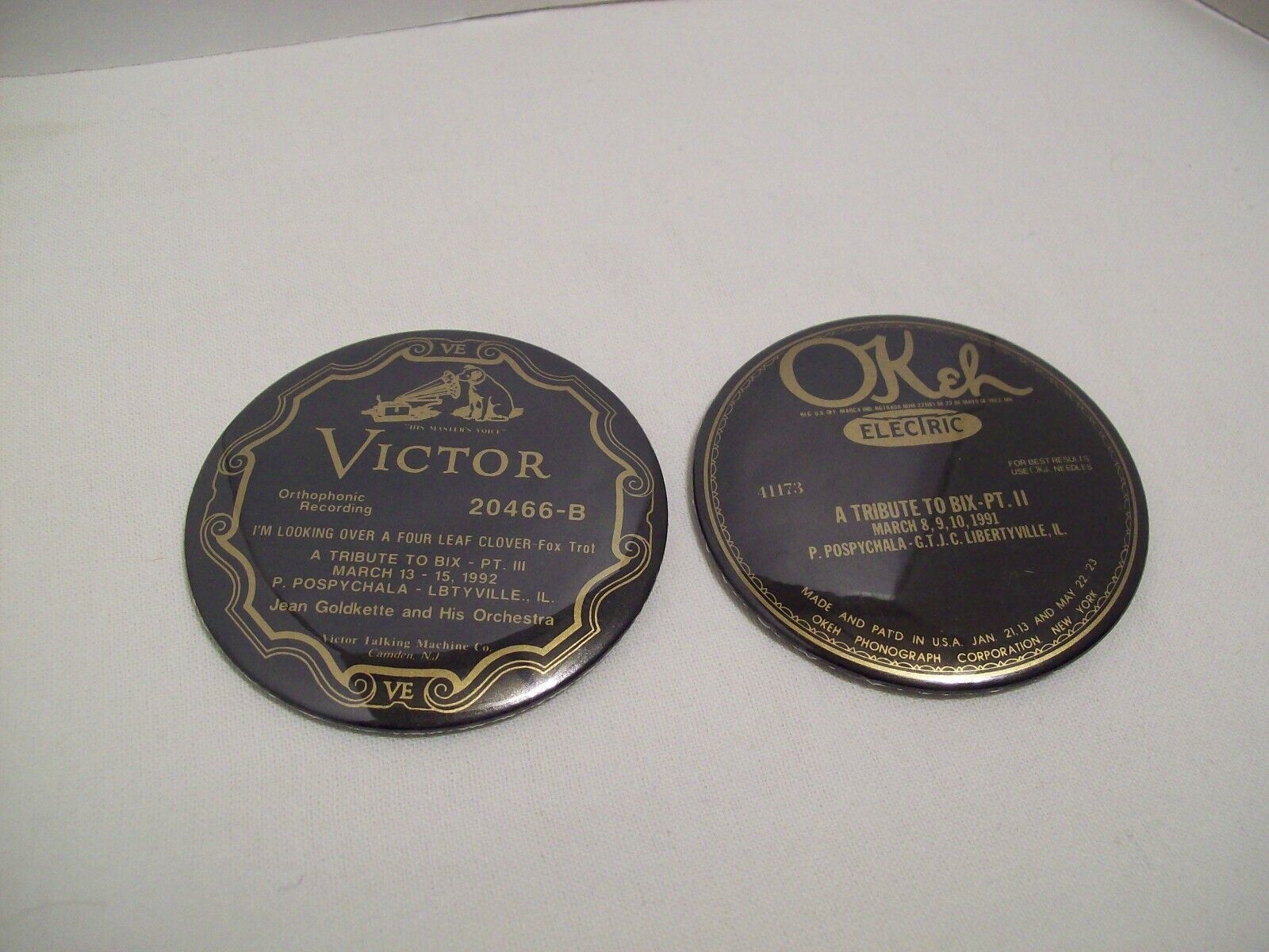 Primary image for Vtg Victor Orthophonic Records & Okeh Electric Pin Back Badge Buttons Toy Tex