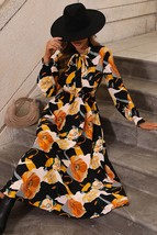 Orange Floral Print Tie Neck Long Sleeve Dress - $16.05