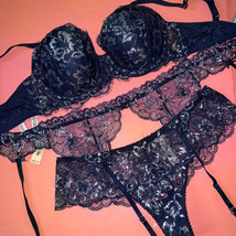 Victoria&#39;s Secret 32DD,32DDD,34D BRA SET+garter Belt+thong navy Blue silver FOIL - $98.99