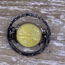 Vintage Sterling Silver Guilloche Yellow Butterfly Pin Brooch Round - £27.17 GBP