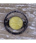 Vintage Sterling Silver Guilloche Yellow Butterfly Pin Brooch Round - £27.25 GBP