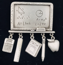 Vintage JJ Jonette Jewelry Pewter Dangle Math Teacher Blackboard Brooch Pin - £8.17 GBP