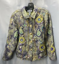 Indigo Moon Jacket Sz Small ART TO WEAR Sequins Flowers Embroidery Green Boho - £16.29 GBP
