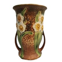1930s Vintage Roseville Jonquil  Handled Vase White Yellow Daffodil Flowers 7.5&quot; - £124.42 GBP