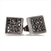 Black CZ Micro Pave Set Square Sterling Silver Unisex Men Stud Earrings - £30.53 GBP+