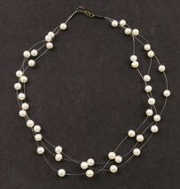 ILLUSION NECKLACE - White Cultured PEARLS 3 string and Sterling Silver c... - $45.00