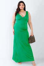 Plus V neck Sleeveless Loose Plain Long Maxi Casual Dark Green Dress - $35.00