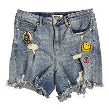 A Beautiful Soul Mid Rise Denim Shorts 10 Med Wash Distressed Patches 5 ... - $18.50