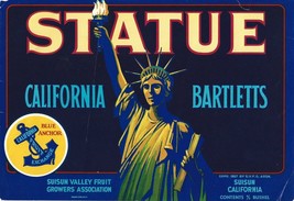 STATUE of Liberty CA Vintage Pear Fruit Crate Label of Liberty Kitchen Decor - £5.47 GBP