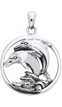 Jewelry Trends Sterling Silver Double Jumping Mother and Baby Dolphin Circle Pen - £40.87 GBP