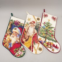 Lot of 3 Vintage Needlepoint Christmas Stockings Wool Velvet - Santa&#39;s X... - $136.99