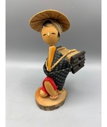 Vtg Handcrafted Japanese Kokeshi Doll Wood Carrying Straw on Back Farm Girl - $21.67