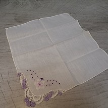 Vintage White Handkerchief Lace Embroidered Purple Flowers 10&quot; - $9.95